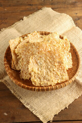 Kripik tempe or traditional tempeh chips. Popular Indonesian snack made of fermented soybean. Keripik tempe taste is savory and sometimes some are spicy.