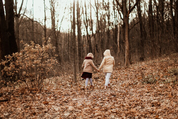 Caucasian children sisters walk together in the park in the forest along the path, girlfriends children hold hands and hug on a walk, view from the back, girly secrets, autumn walks in warm coats