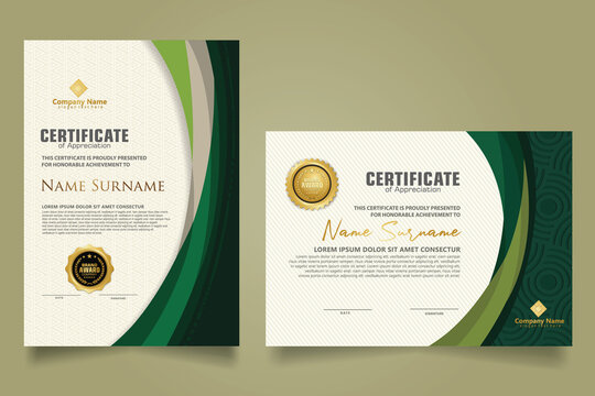 Set modern certificate template with futuristic and elegant color wave shape on the ornament and modern pattern background