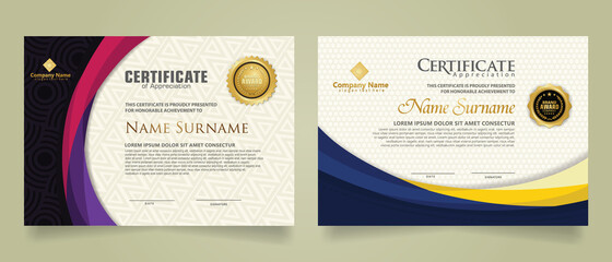 Set modern certificate template with futuristic and elegant color wave shape on the ornament and modern pattern background