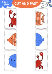 Children board game for preschoolers and primary school students.Page for kids educational book.Underwater life and marine animals.