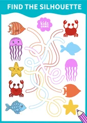 Foto op Plexiglas In de zee Children board game for preschoolers and primary school students.Page for kids educational book.Underwater life and marine animals.