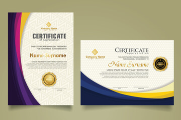 Set modern certificate template with futuristic and elegant color wave shape on the ornament and modern pattern background