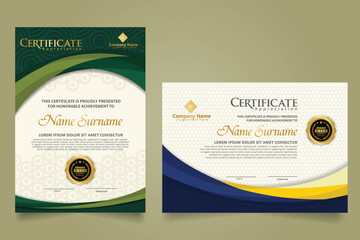 Set modern certificate template with futuristic and elegant color wave shape on the ornament and modern pattern background