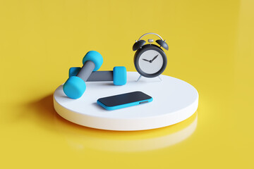 Blue dumbbells, alarm clock and smart phone on white display. Workout and fitness planning concept. 3d render illustration.