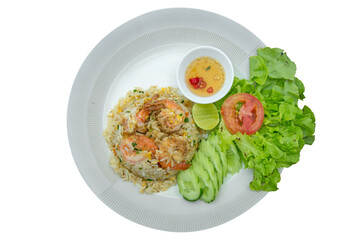 Top view of fried rice with shrimp and lettuce, focus selective.