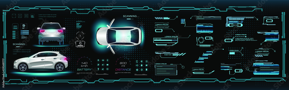 Poster car user interface hud, gui, ui. virtual graphical interface with vehicle parameters and characteris