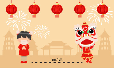 Cute girl in traditional Chinese clothes and lion dance keep social distancing in pandemic situation. Wear a mask for Lunar new year campaign. Flat vector illustration