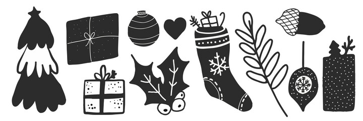 Christmas black and white doodle illustrations objects in scandinavian style hygge © Tatyana