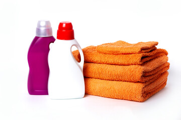 Obraz na płótnie Canvas Detergent and towels, on a white background, horizontal, no people, copy spase,