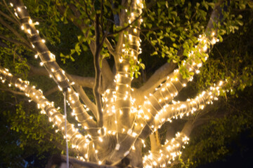 blurred image Decorative outdoor string lights hanging on tree in the garden at night time