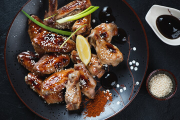 Above view of baked teriyaki wings served on a black plate, close-up, horizontal shot