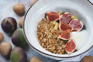 Bowl of granola with sliced fig fruits, greek yogurt and honey, studio shot, close-up