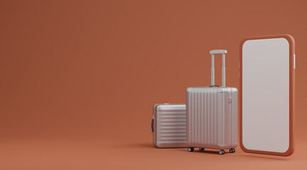 White luggage with white screen mobile mockup over brown background travel concept. 3d rendering