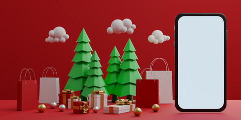 Obraz na płótnie Canvas Red background with empty white screen mobile mockup, shopping bag, gift box and Christmas trees for advertisement. 3D rendering.