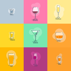 Shot vodka tequila whiskey rum. Wineglass red wine martini champagne beer liquor line art in flat style. Restaurant alcoholic illustration. Celebration design. Beverage outline icon. Isolated object