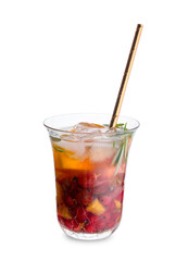 Glass of cold mojito with berries and fruits on white background