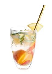 Glass of cold mojito with peach, citrus and mint on white background
