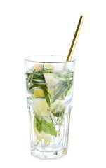 Glass of cold mojito with lime on white background