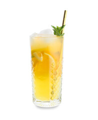 Glass of cold mojito on white background