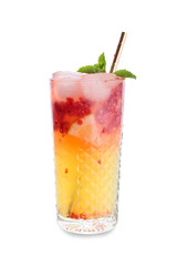 Glass of cold mojito with berries and fruits on white background