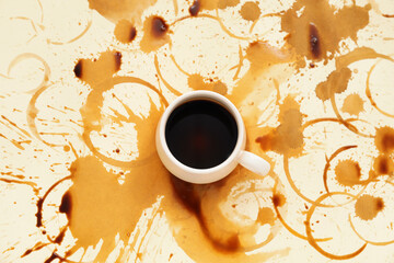 Cup and coffee stain on color background