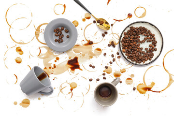 Overturned cup and spilled coffee on white background
