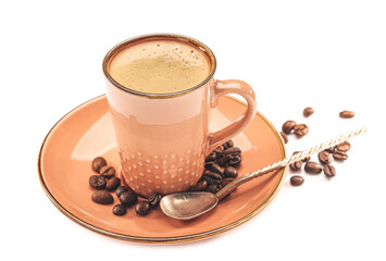 Cup of hot espresso on white background