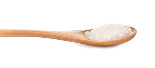 Spoon with salt on white background