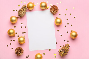 Beautiful Christmas composition with blank card on color background