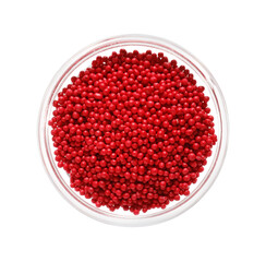 Bowl with sweet sprinkles on white background