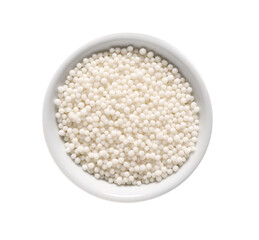 Bowl with sweet sprinkles on white background