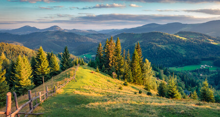 Landscape photography. Wonderful summer view of mountain village. Attractive  morning scene of Carpathian mountains, Snidavka village location, Ukraine. Traveling concept background.