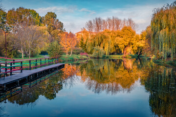 Attractive autumn scene of city park. Wonderful morning view of orange trees in Ternopil publik square, Ukraine, Europe. Empty shore of city lake. Beauty of nature concept background.