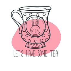 Isolated vector illustration interesting
black and white cup with an ornament in a graphic doodle style on a colored background. Funny children's tea utensils.