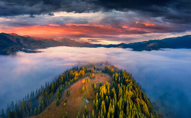 Fototapeta na wymiar Aerial landscape photography. Sea of fog covered mountain valleys and hills. Dramatic summer view from flying drone of Carpathian mountains, Ukraine, Europe. Unbelievable sunrise in mountains.
