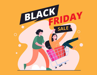 black friday sale illustration concept, 2 people and pushing shopping cart happily because of lots of discounts