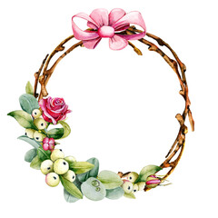Round wreath with eucalyptus leaves, mistletoe berries, willow twigs, roses, bow, ribbon. Watercolor illustration isolated on white background. Hand drawn. Design of Christmas and wedding products