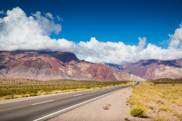 View from highway RN 7 to Andes mountains in summer day. Andes, Argentina, Chile