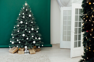 Christmas tree pine with gifts new year interior decor background