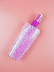 Micellar water, makeup remover. Moisturizing lotion bottle. Women skin care concept.