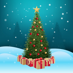 Fototapeta na wymiar christmas tree with gift box on snow floor