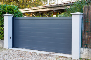 Aluminum door design grey metal gate of modern suburb house entrance