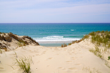 Fototapeta na wymiar sand beach access with dunes of Le Porge near Lacanau in France