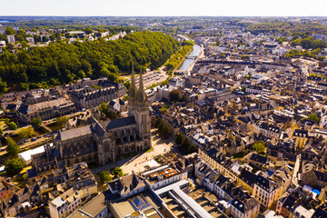 Aerial view of Quimper town and gothic Cathedral of Saint Corentin, France