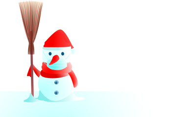 snowman make from snow waring mask and holding broom