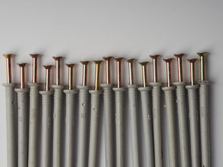 Macro view of plastic dowel screws isolated on white background.