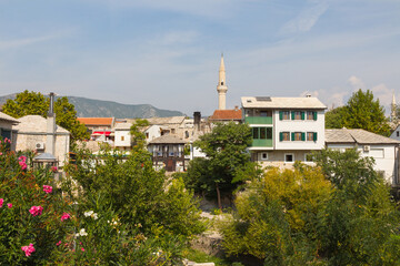 Fototapeta premium View of beautiful historic buildings in the Old Town of Mostar. Bosnia and Herzegovina