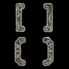 Mechanical alphabet made from rivet metal with gears on black background. Set of symbols left and right square bracket, left and right parentheses. 3D