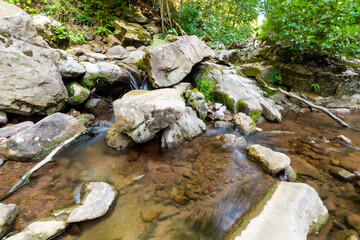 Naklejka na ściany i meble Mountain river in forest. Water on a stones